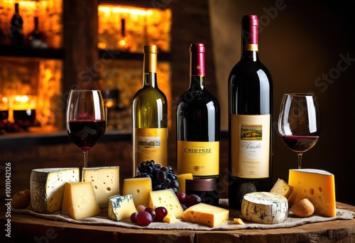 colorful wine bottles paired assorted cheeses displaying feast senses, variety, pairing, gourmet, artisan, selection, vibrant, flavors, texture, taste