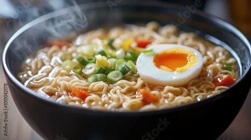 A close-up of a steaming bowl of instant noodles with broth, garnished with chopped vegetables and a soft-boiled egg, ready to be enjoyed.