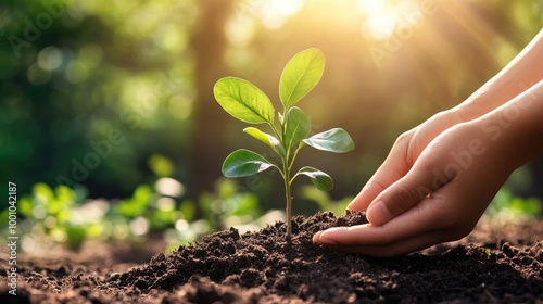 Wallpaper Mural A close-up of hands gently placing a young sapling into the soil, with soft sunlight streaming through the trees in the background, symbolizing growth and sustainability. Torontodigital.ca