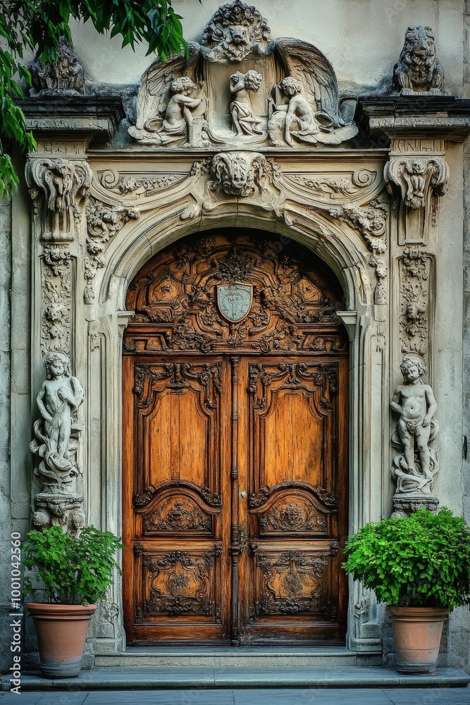 Ornate wooden door with intricate carvings and statues Ornate wooden door with intricate carvings and statues