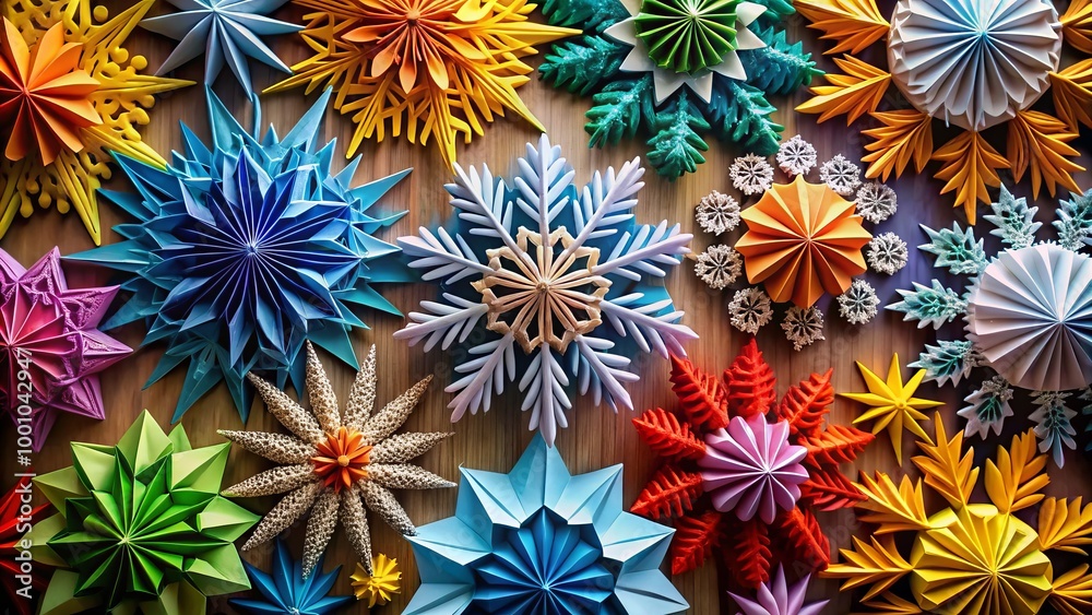 Delicate origami snowflakes made from paper, perfect for winter decorations and seasonal festivities, bringing a touch Delicate origami snowflakes made from paper, perfect for winter decorations and seasonal festivities, bringing a touch