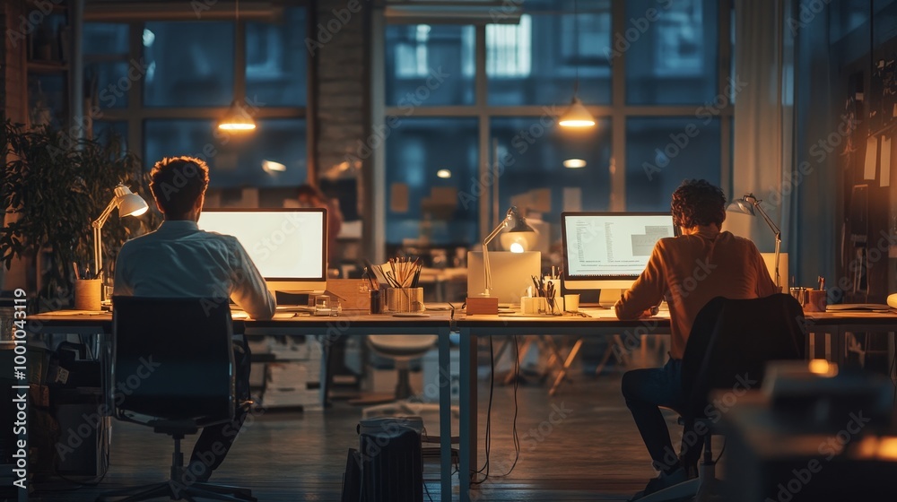 Two individuals work late in an office, illuminated by computer screens, showcasing a blend of technology and focused productivity in an urban environment. Two individuals work late in an office, illuminated by computer screens, showcasing a blend of technology and focused productivity in an urban environment.