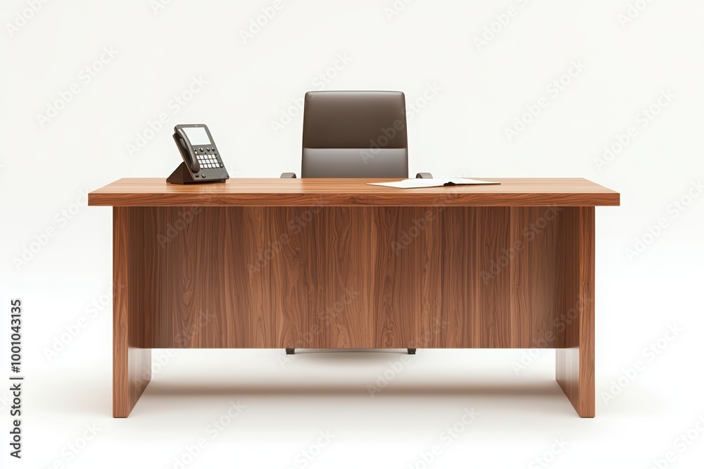 Modern wooden office desk with a chair, phone, and papers on a white isolated background Modern wooden office desk with a chair, phone, and papers on a white isolated background