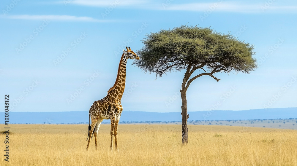 Obraz premium A giraffe is standing in a field next to a tree