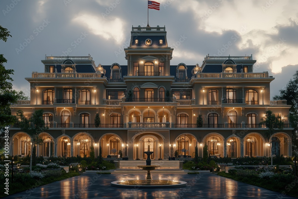 Fototapeta premium Ornate historic building with american flag at night