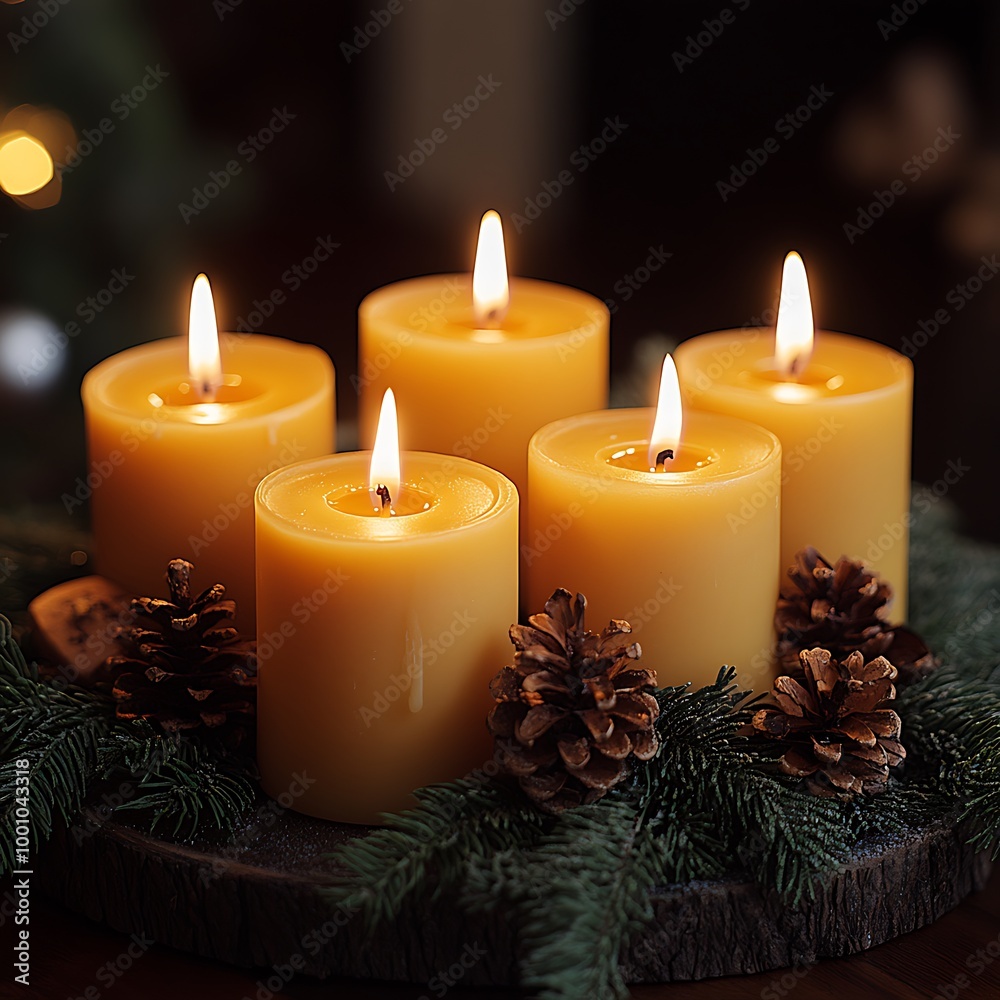 Five burning candles arranged in a circle on a wooden slice surrounded by pine cones and evergreen sprigs. Five burning candles arranged in a circle on a wooden slice surrounded by pine cones and evergreen sprigs.