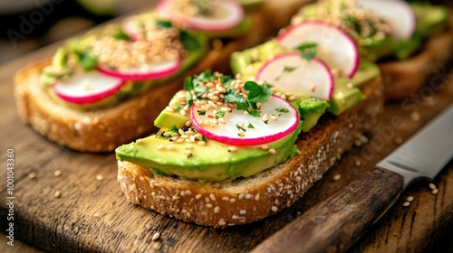 A close-up of toast topped with creamy avocado, radish slices, and a sprinkle of sesame seeds, served on a wooden board with a knife and napkin beside it.