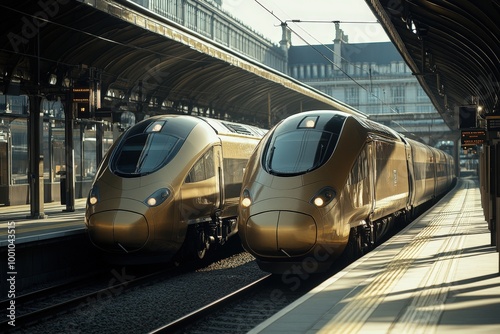 Modern high-speed trains at a railway station