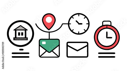 Time, date and address line icon set silhouette
