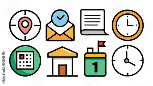 Time, date and address line icon set silhouette