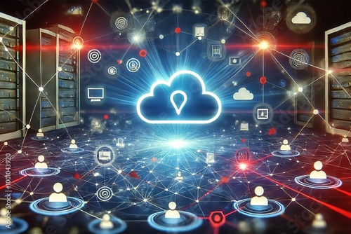 A digital illustration of a cloud computing network