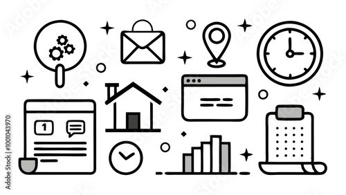 Time, date and address line icon set silhouette