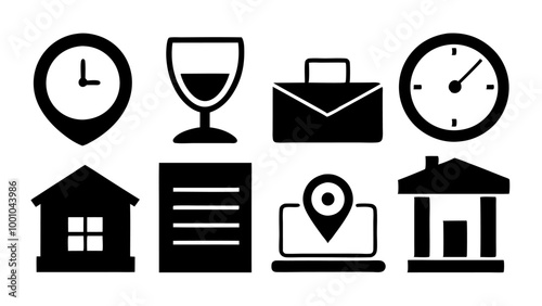 Time, date and address line icon set silhouette