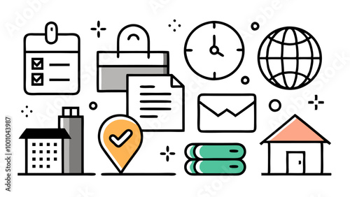 Time, date and address line icon set silhouette