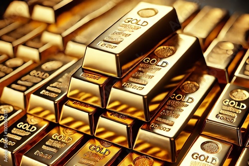 A close-up image of a stack of gold bars arranged in a pyramid shape. The bars are shiny and reflective, emphasizing their value and luxury