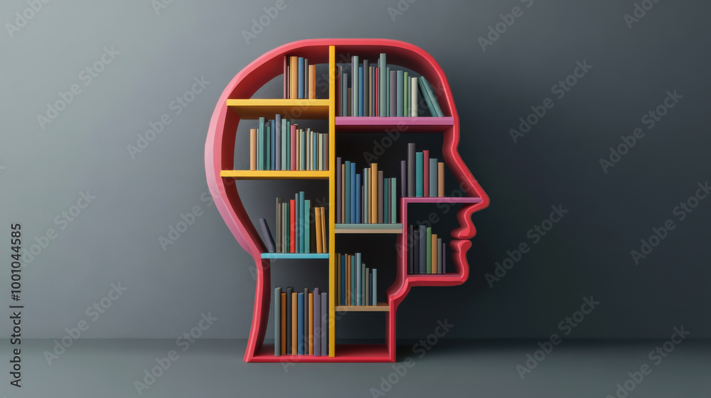 Creative bookshelf designed to resemble a human head with colorful sections for books on a dark background Creative bookshelf designed to resemble a human head with colorful sections for books on a dark background