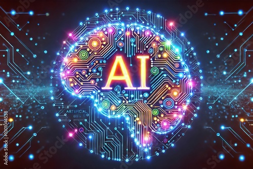 A digital concept of artificial intelligence featuring a glowing brain made of intricate circuits and connections