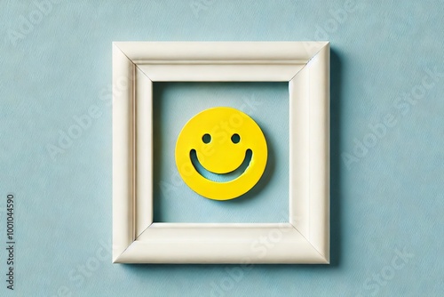 A simple, minimalist photo with a yellow smiley face inside a white frame, placed on a light blue background