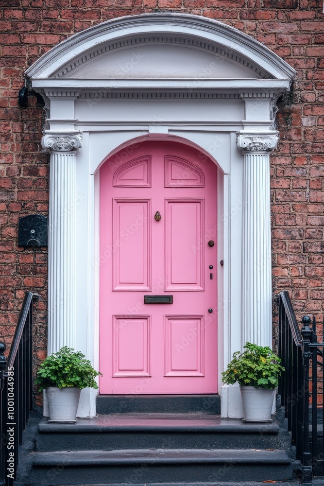 Vibrant pink door with white architectural details Vibrant pink door with white architectural details