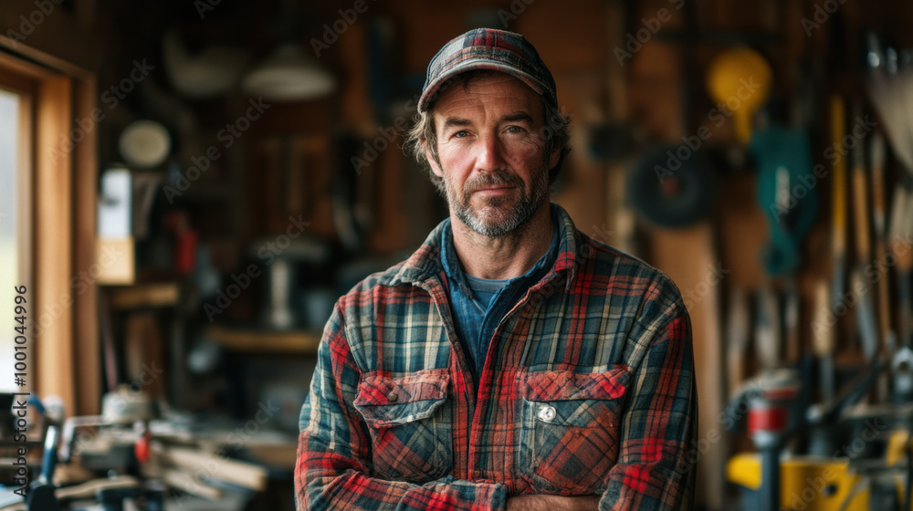 confident man in plaid shirt stands in workshop filled with tools, showcasing his dedication to craftsmanship. His expression reflects pride in his work and surroundings confident man in plaid shirt stands in workshop filled with tools, showcasing his dedication to craftsmanship. His expression reflects pride in his work and surroundings