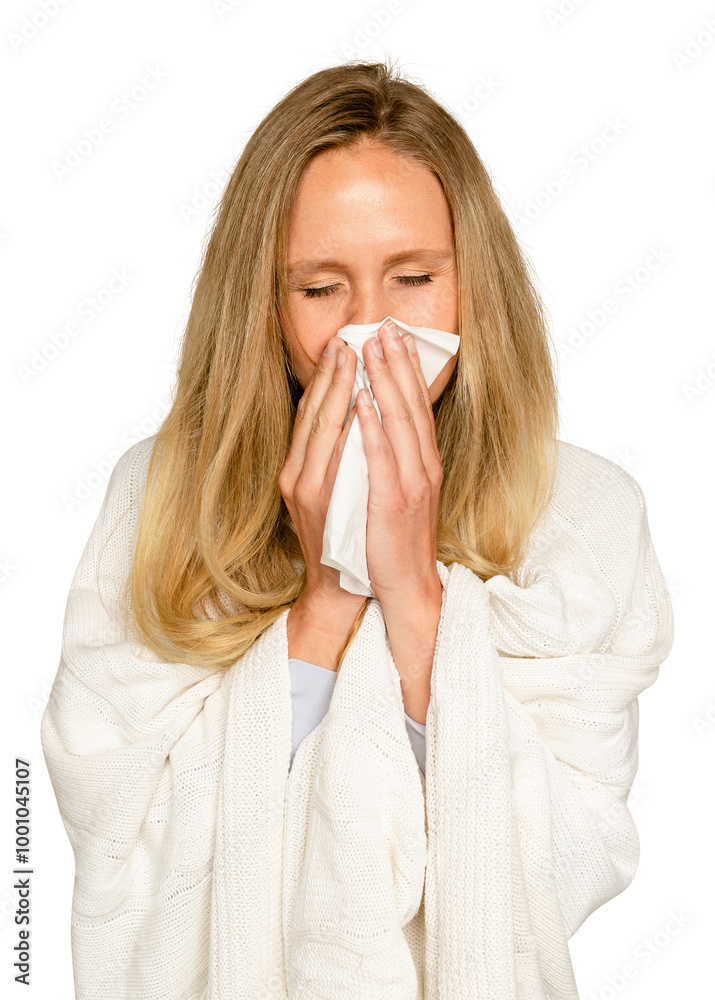 Woman blowing nose mockup png with blanket covering her Woman blowing nose mockup png with blanket covering her