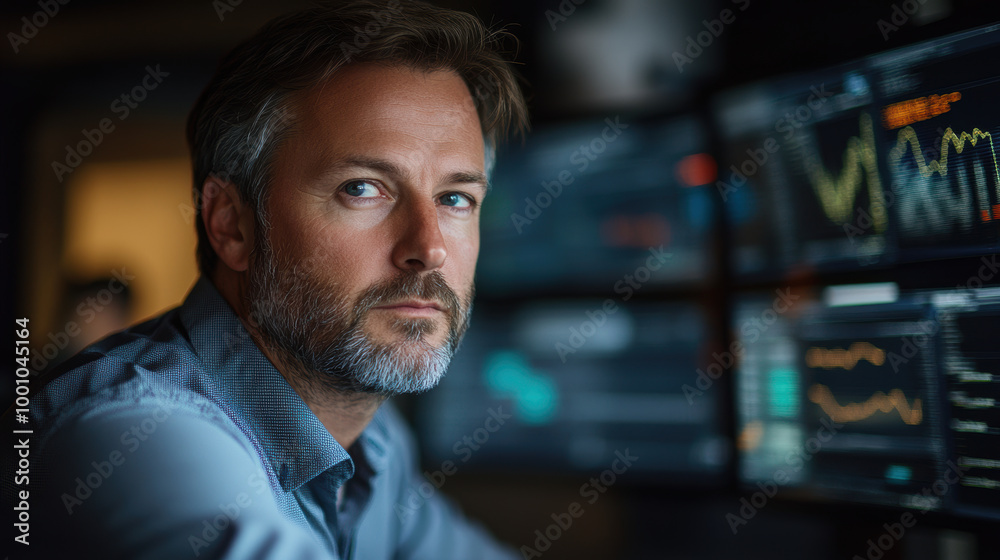 focused man in his forties analyzes data on multiple screens, showcasing his expertise in data analysis and finance. His intense gaze reflects determination and insight focused man in his forties analyzes data on multiple screens, showcasing his expertise in data analysis and finance. His intense gaze reflects determination and insight