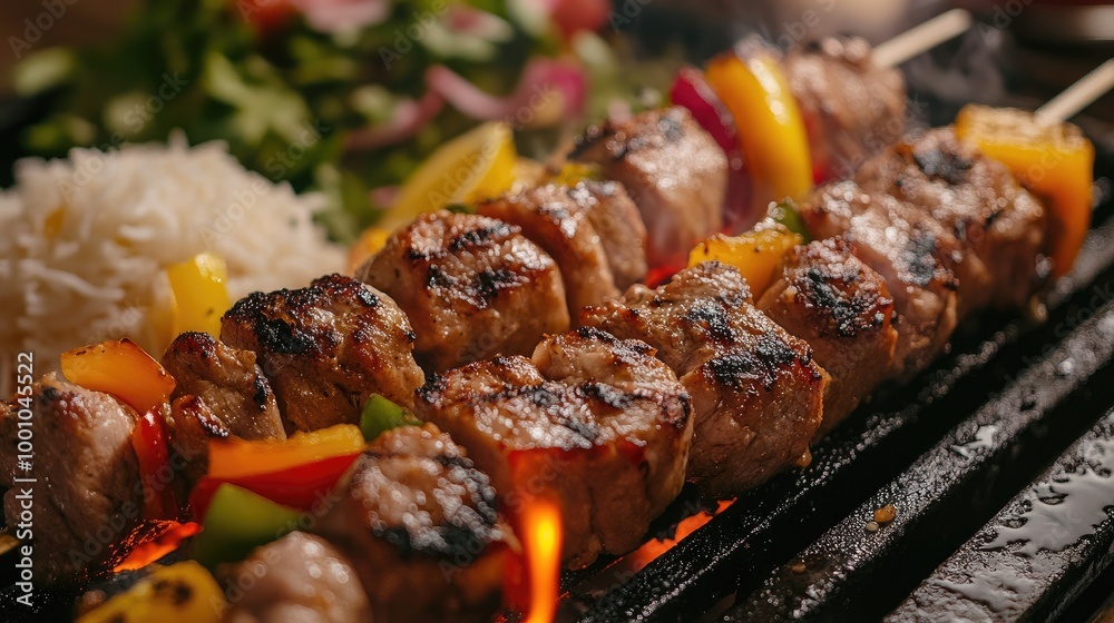 A delicious pork kebab being grilled over an open flame, with chunks of marinated pork and vegetables, served with a side of rice and a fresh salad A delicious pork kebab being grilled over an open flame, with chunks of marinated pork and vegetables, served with a side of rice and a fresh salad