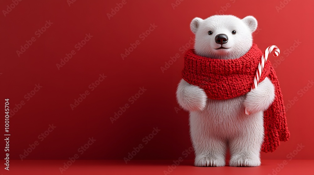 Polar bear with a scarf skating on ice while holding a candy cane Polar bear with a scarf skating on ice while holding a candy cane