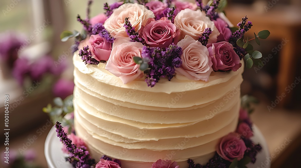 A white cake with pink and purple roses on top. A white cake with pink and purple roses on top.