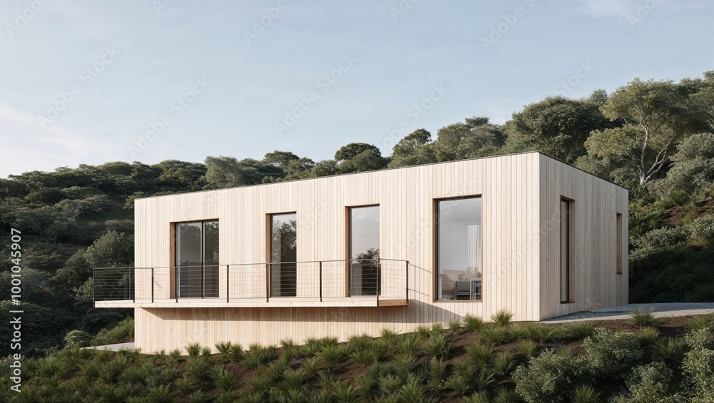 modern, minimalist-style house situated on a hillside surrounded by lush greenery. The house features a rectangular layout with a flat roof and is constructed primarily from light-colored wood modern, minimalist-style house situated on a hillside surrounded by lush greenery. The house features a rectangular layout with a flat roof and is constructed primarily from light-colored wood