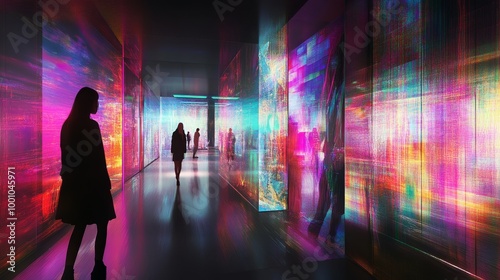 A vibrant, immersive exhibition space features colorful light projections with silhouettes of visitors exploring the artistic installations.