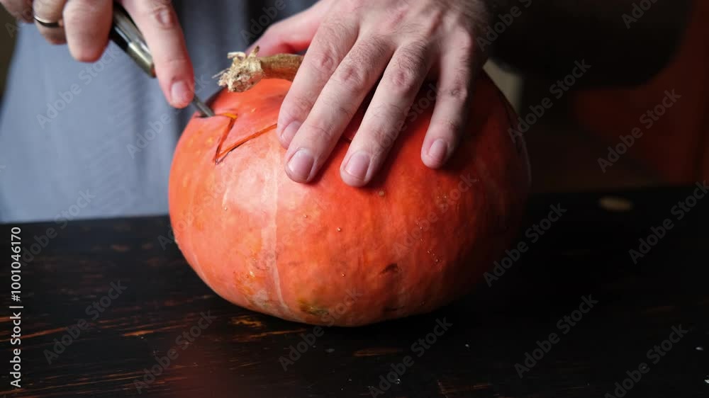 Man carve a pumpkin for halloween party Man carve a pumpkin for halloween party