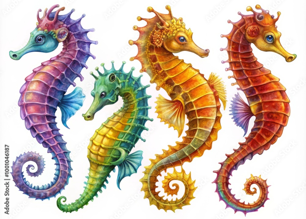 Obraz premium Detailed seahorse illustrations showcasing diverse poses and artistic styles, designed for both educational insights