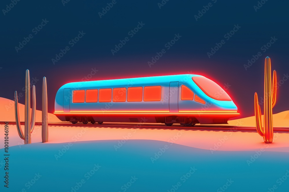 Stylish train on tracks in a desert landscape at night with vibrant colors. Stylish train on tracks in a desert landscape at night with vibrant colors.