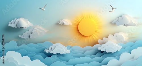 Paper cut art style illustration of a sunny day with clouds and seagulls flying.