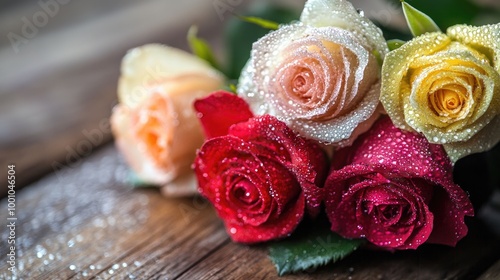 A dewy rose bouquet with multiple colors--red, white, and yellow--each flower covered in sparkling water droplets, placed on a rustic wooden table photo