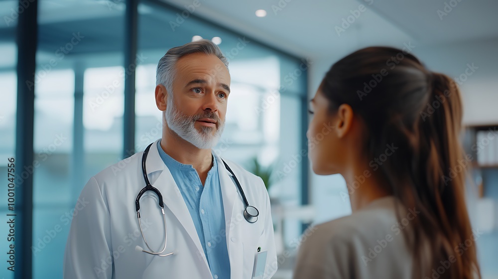 A portrait of a doctor reassuring a worried patient in a clean and calm hospital environment. A portrait of a doctor reassuring a worried patient in a clean and calm hospital environment.