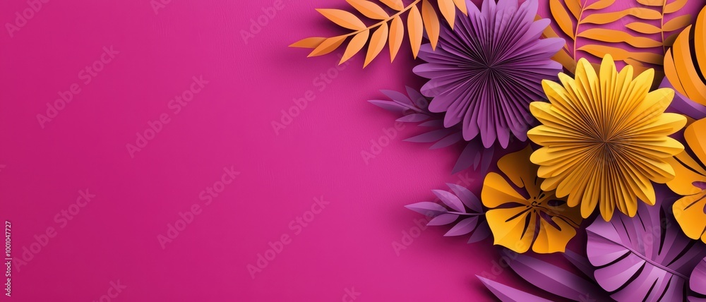 Obraz premium Vibrant paper flowers in purple and orange on a pink background.
