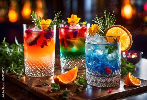 vibrant cocktail glasses adorned colorful garnishes showcasing variety refreshing beverages, cocktailglass, cocktailshaker, barware, drinkware, beverageware photo