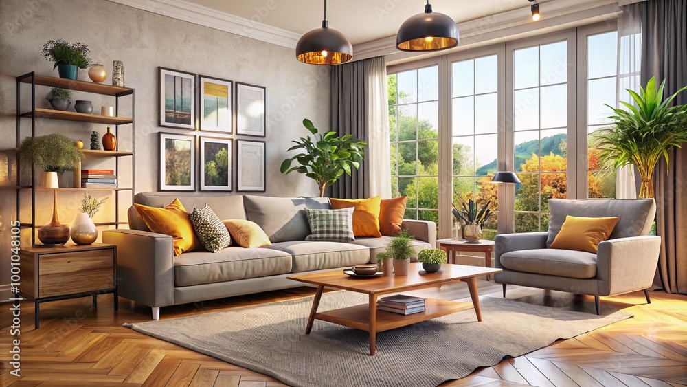 Cozy furniture and stylish decor elements define this modern living room, enhancing its bright atmosphere and offering