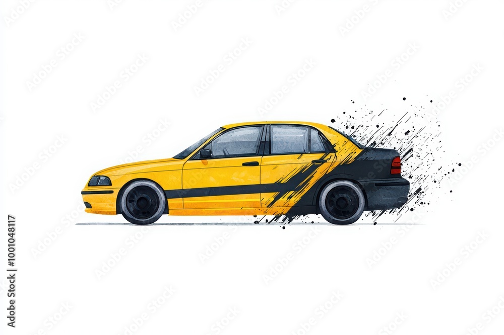 Fototapeta premium Yellow sports car with dynamic splatter design on white isolated background.