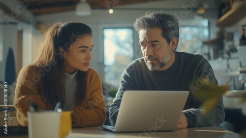 Father and Daughter Discussing Work Together on Laptop at Home