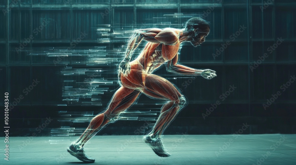 Fototapeta premium A dynamic shot of a person in motion, such as running or stretching, with an overlay of anatomical lines and labels highlighting muscle groups and joints.