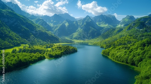 Mountain lake with forest reflection and scenic peaks 