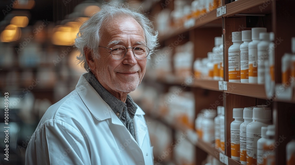 An elderly man wearing a white lab coat and glasses smiles warmly while standing among shelves stocked with various medicine bottles, creating a welcoming atmosphere in the pharmacy An elderly man wearing a white lab coat and glasses smiles warmly while standing among shelves stocked with various medicine bottles, creating a welcoming atmosphere in the pharmacy