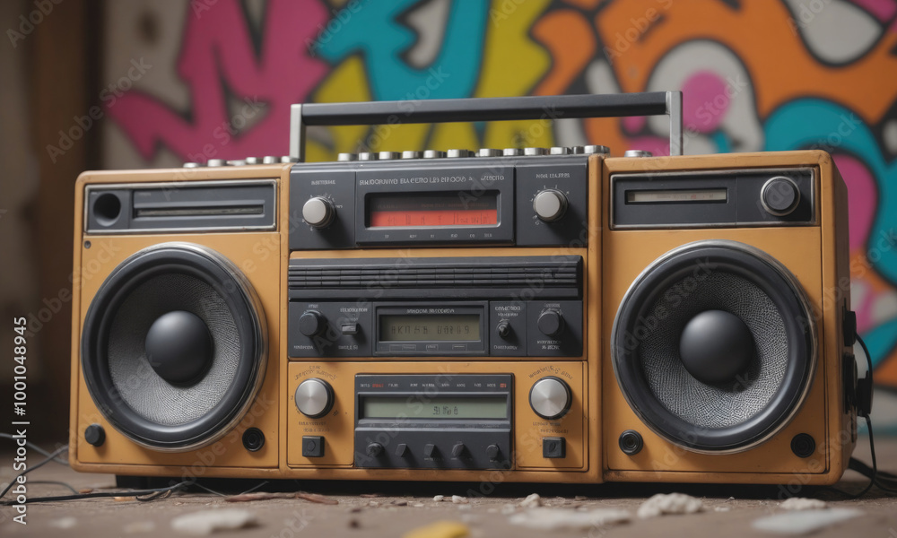 Fototapeta premium A vintage boombox sits on the ground in front of a graffiti-covered wall