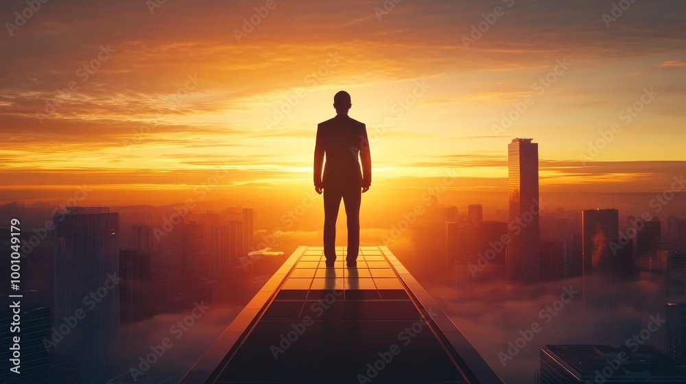 A silhouetted figure stands atop a skyline at sunset, embodying ambition and solitude against a vibrant backdrop of clouds and skyscrapers. A silhouetted figure stands atop a skyline at sunset, embodying ambition and solitude against a vibrant backdrop of clouds and skyscrapers.