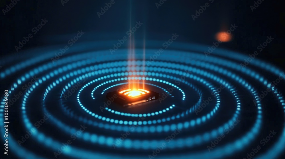 A dynamic shot of a Wi-Fi signal being represented by a series of concentric circles emanating from a router, symbolizing strong and widespread connectivity A dynamic shot of a Wi-Fi signal being represented by a series of concentric circles emanating from a router, symbolizing strong and widespread connectivity