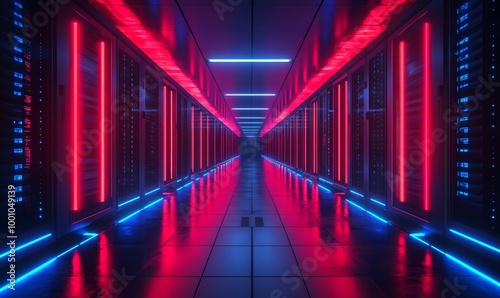 Futuristic Compliance-Ready Data Center with Blue and Red LED Lights Showcasing Adherence to GDPR and HIPAA Standards, Generative AI