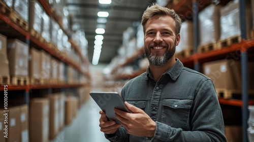 Smiling male warehouse manager using a digital tablet for inventory management in a modern storage facility, exemplifying efficient logistics and, Generative AI